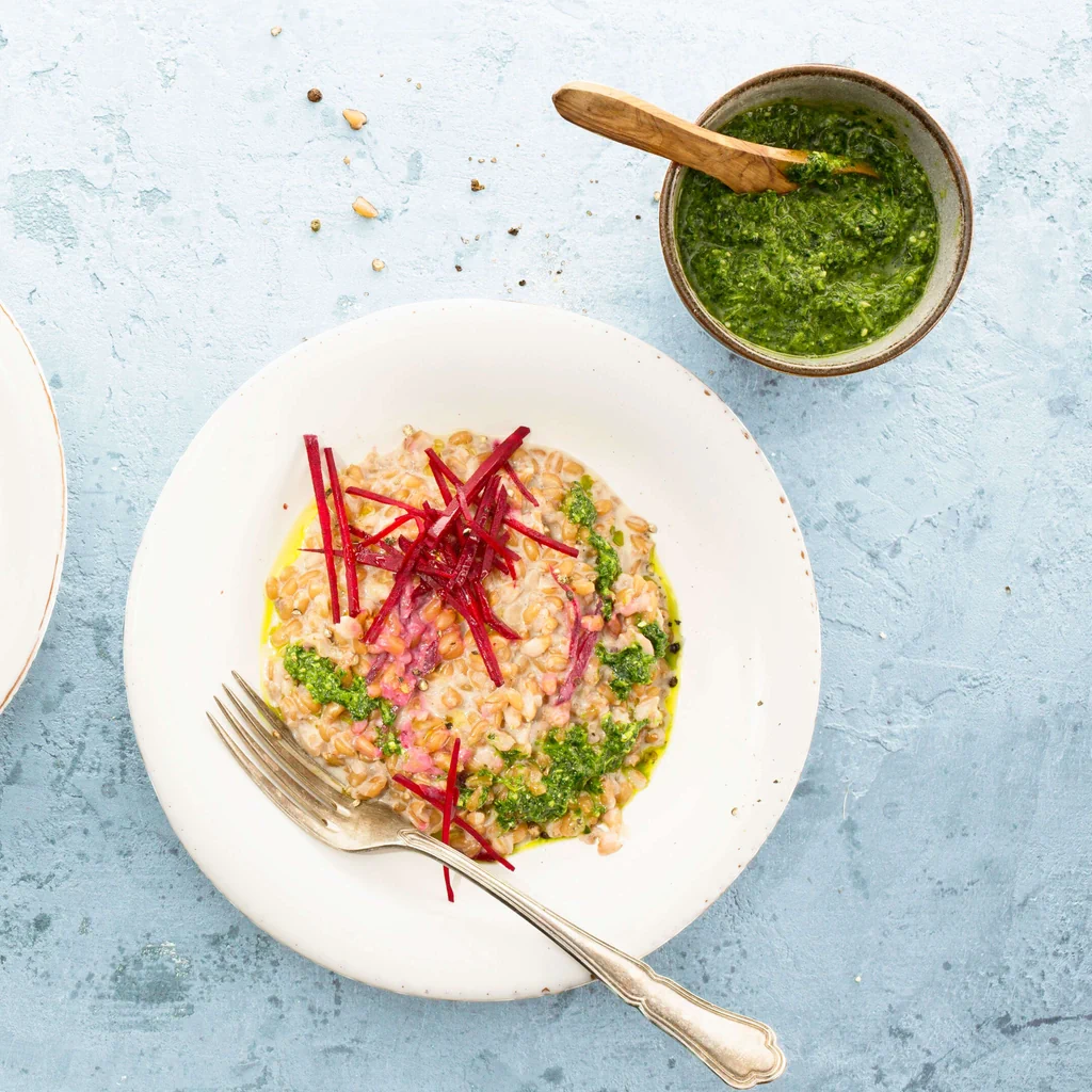 Épeautre avec pesto de chou plume 