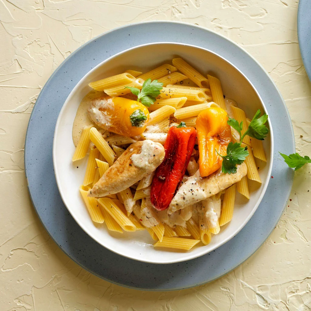 Penne mit Peperoni-Rahmsauce und Poulet