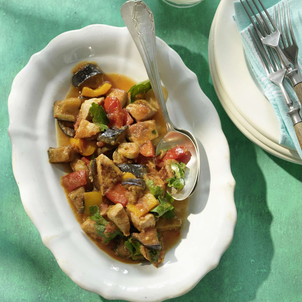 Kalbsgeschnetzeltes mit Auberginen-Peperonata