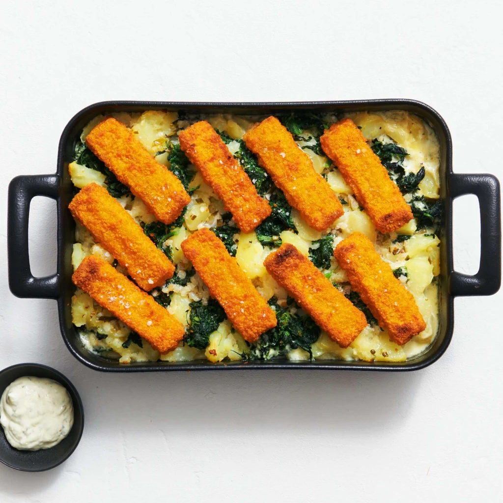 Fischstäbchen auf Spinat-Kartoffeln