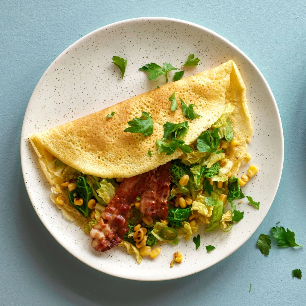 Omelette avec piment, maïs et lard