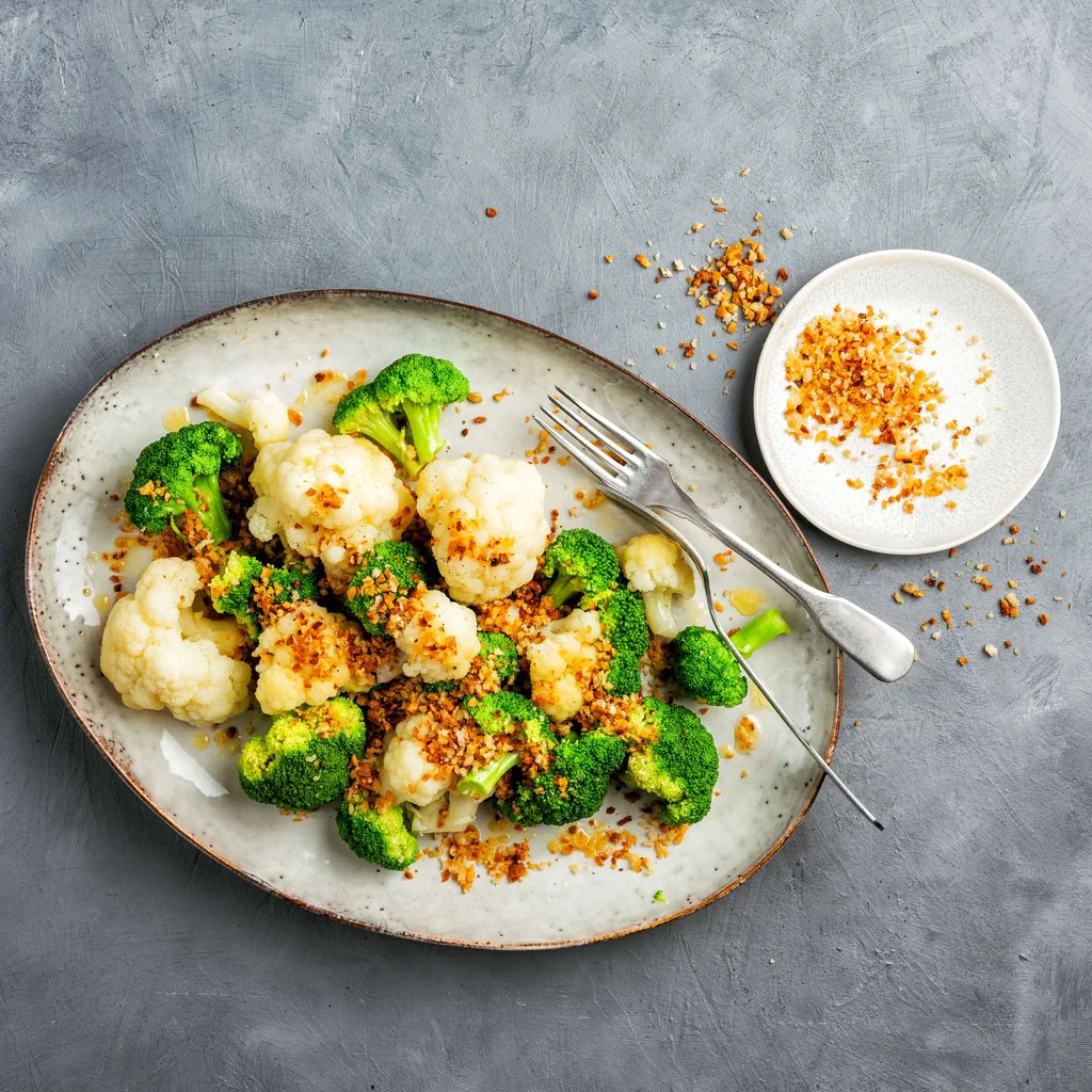 Broccoli und Blumenkohl mit geröstetem Paniermehl