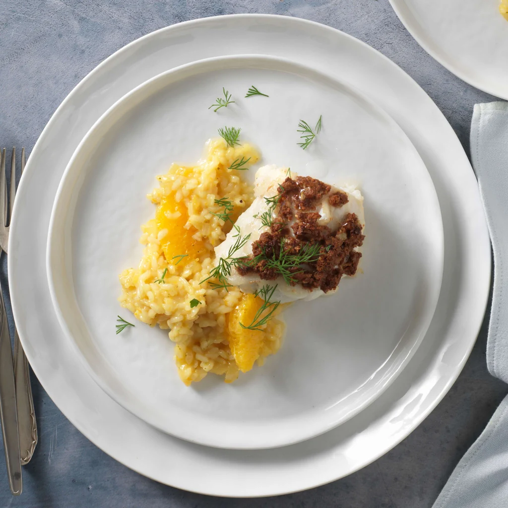 Seeteufel mit Lebkuchenkruste und Orangenrisotto