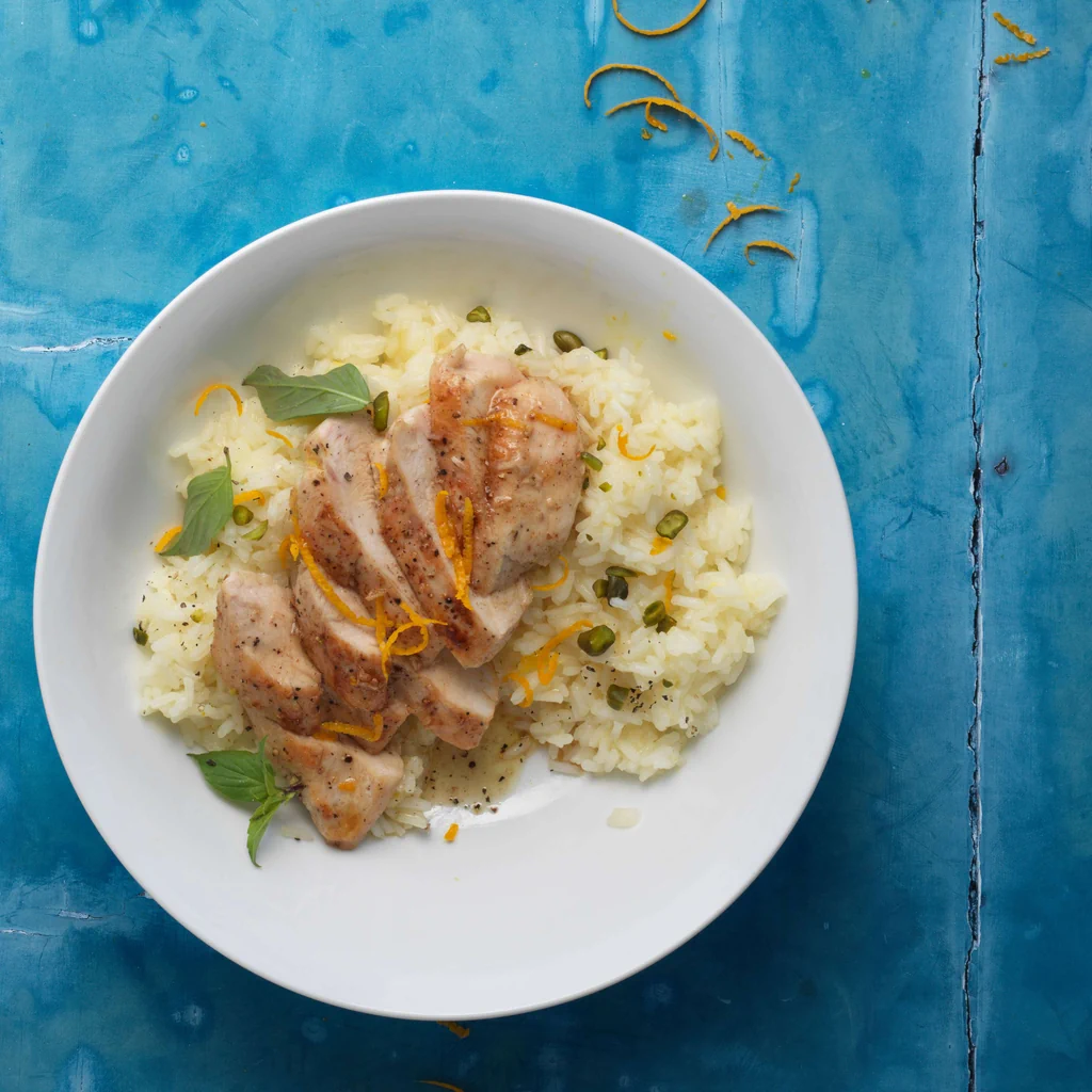 Orangen-Jasminreis mit Honig-Pouletstreifen