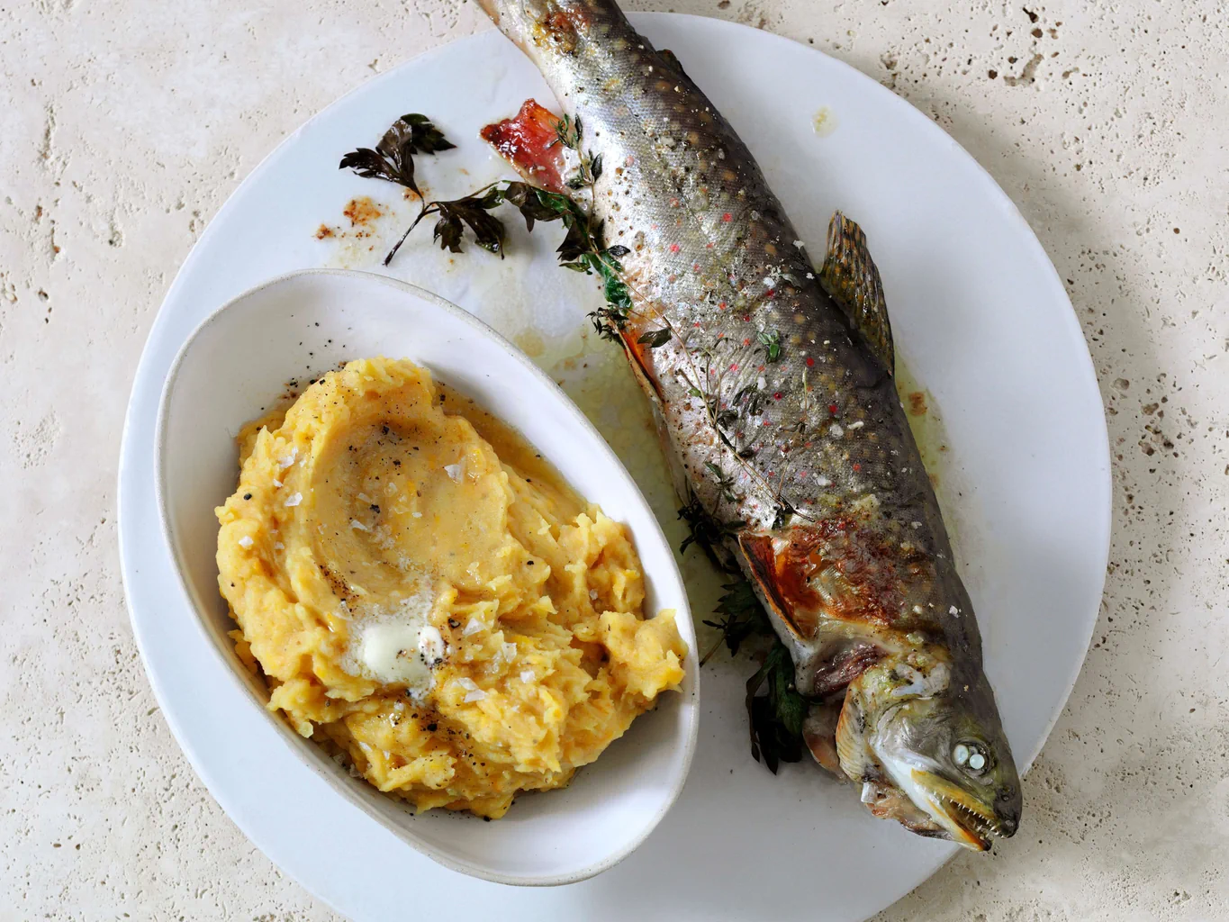 Purée de poivrons avec omble chevalier au four
