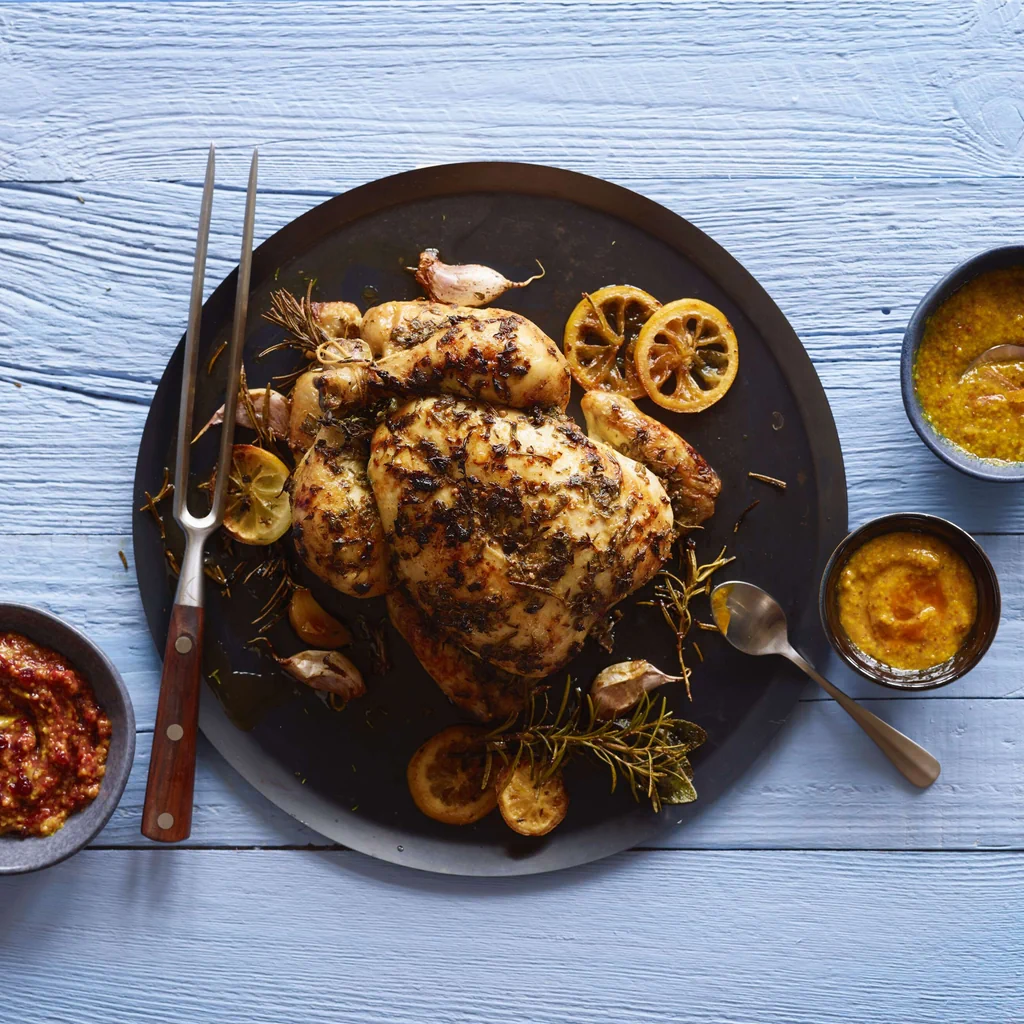 Poulet aux herbes avec trio de sauces à la moutarde