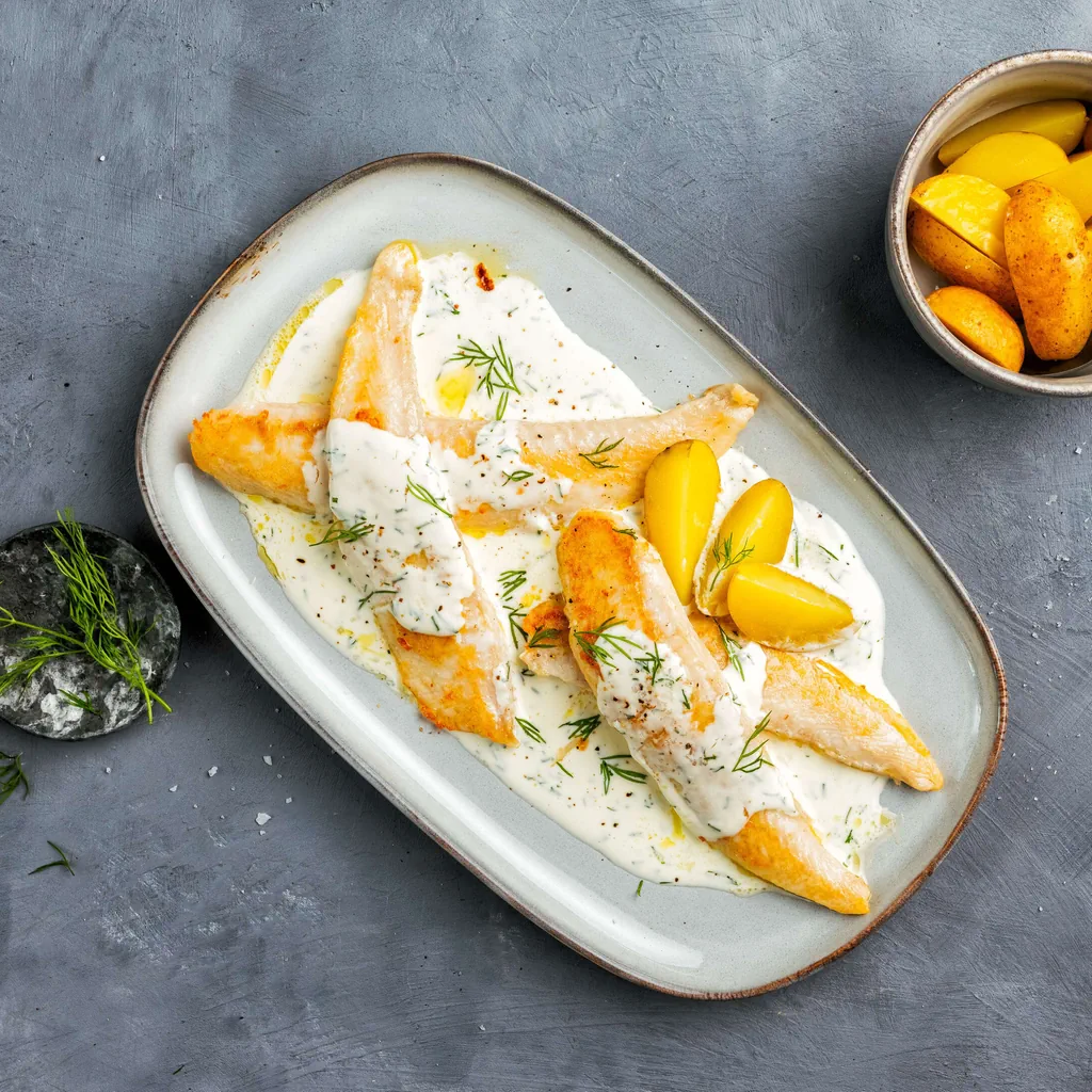 Filetti di pesce con salsa al formaggio cremoso e alle erbe