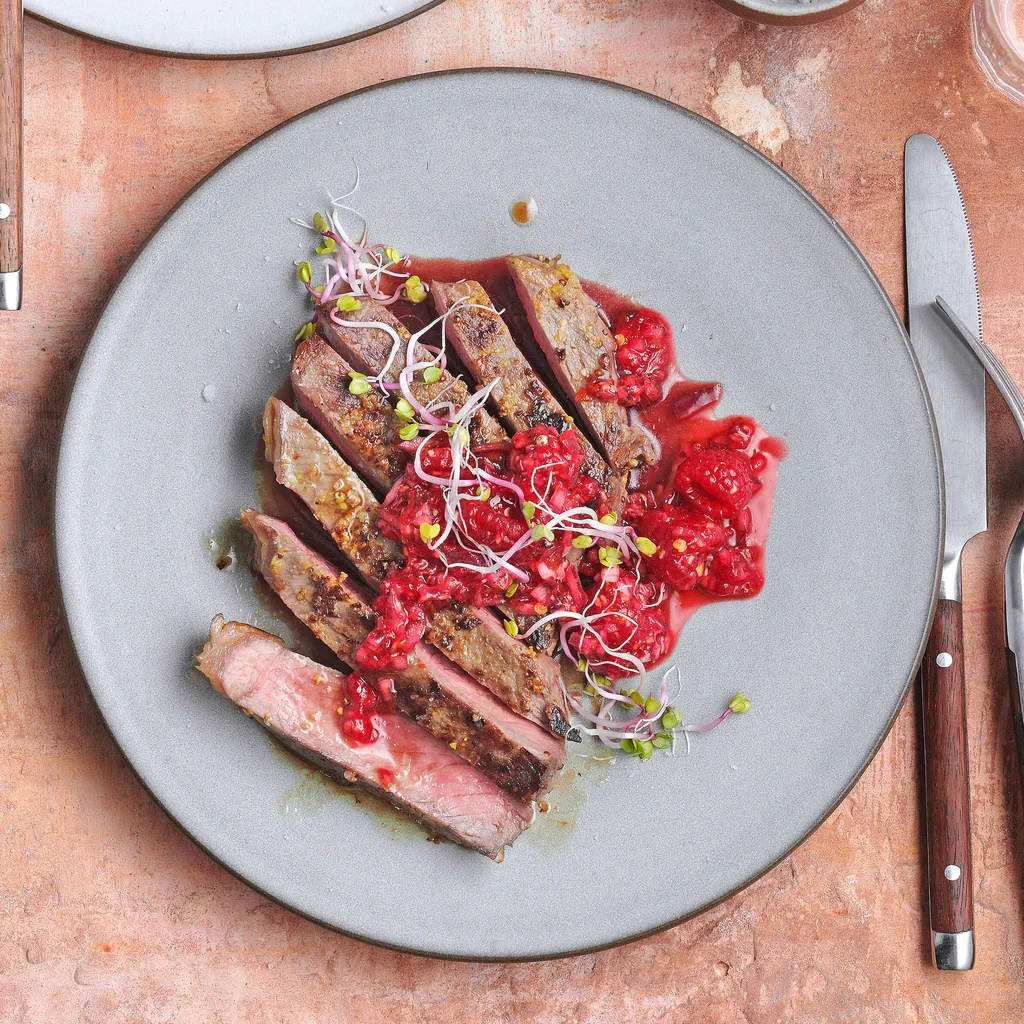 Entrecôte parisienne avec relish de framboises